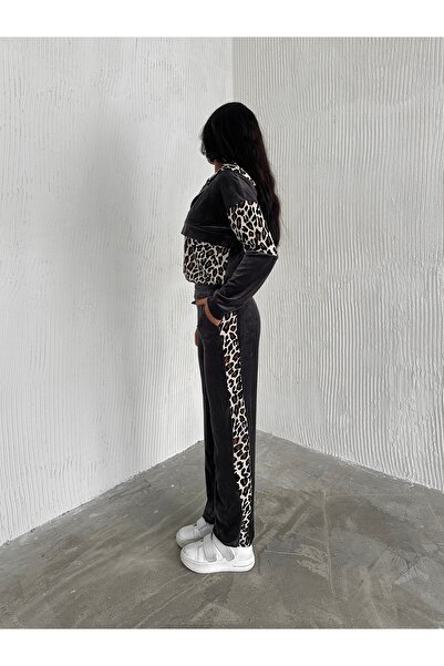 Gugus Women's Leopard Print Tracksuit Set - Wide Leg, Hoodie and Zipper