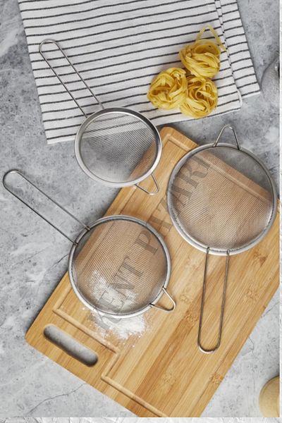 Kent Pazarı Stainless Steel 3-Piece Strainer Set - Stainless Steel Wire Strainer - (10 Cm- 12 Cm- 14 cm) Milk Strainer