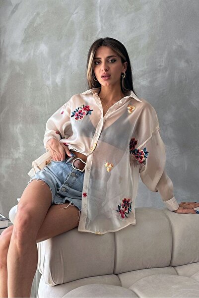 VERYMODA Embroidered Organza Shirt - Stone |   F1690