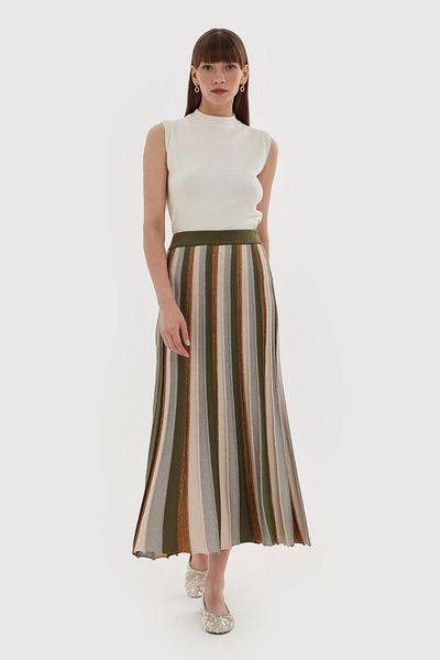 KB STUDIO Khaki Green Glitter Knitwear Pleated Skirt