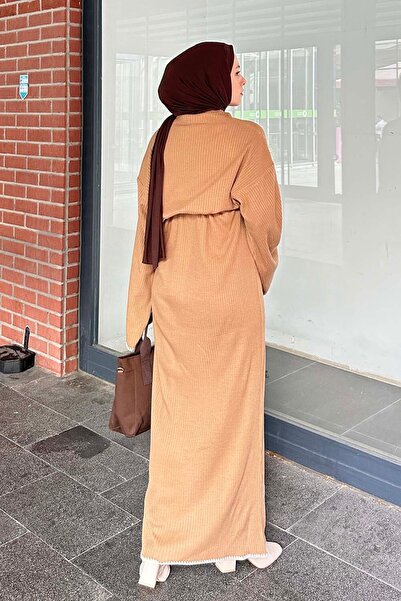 lamelif Πλεκτό φόρεμα Milky Brown - Κέντημα με λεπτομέρεια μανίκι και φούστα