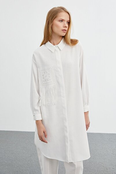 Zühre Shirt Collar Long Ecru Tunic T-1422