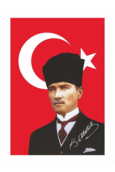 bayrakal Kalpaklı Atatürk Resmi, Atatürk Imzalı Türk Bayrağı 50x75cm.