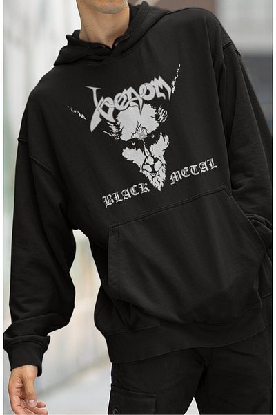 Fuddy Moda Унисекс суитшърт с качулка и щампа Venom - голям размер суитшърт с качулка за блек метъл музика