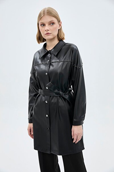 Zühre Μαύρο δερμάτινο τουνίκ - πέτο πουκάμισου, κλείσιμο με κουμπί T-1476