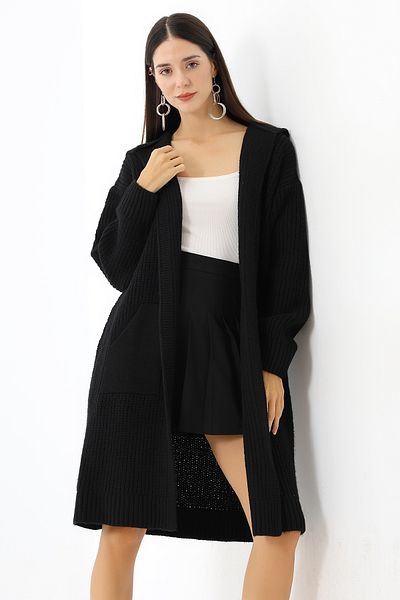 Devinka Cardigan de damă, negru, cu glugă, supradimensionat, cu buzunar lung