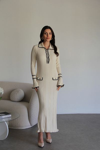 Julidress Μακρύ βαμβακερό πλεκτό φόρεμα Premium με ρίγες γιακά και λεπτομέρεια με κουμπιά