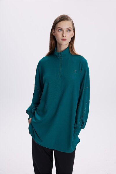 Zühre Emerald Zippered Tunic - Stone Embroidered T-1494