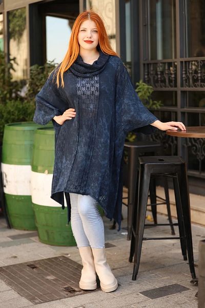 Sosyete Kaplumbağa Authentic Knitwear 100% Cotton Shawl Collar Ethnic Pattern Loose Oversize Blouse Tunic