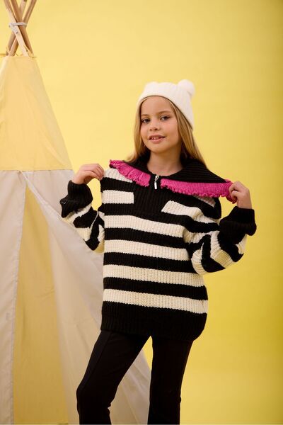 Nisrakids Kız Çocuk Çizgili Fırfır Detaylı Fermuarlı Triko Kazak