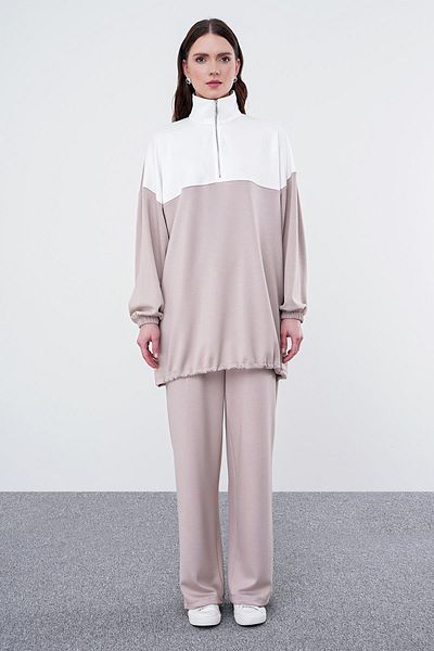 Zühre Beige/White Color Blocked Comfort Sweatshirt - T-1467