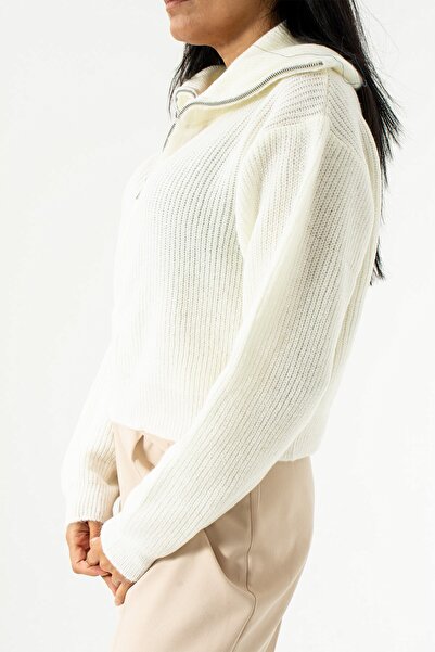 Seniorah White Emerald Zipper Detailed Knitwear Cardigan