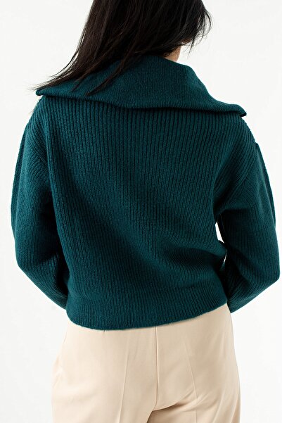 Seniorah Green Emerald Zipper Detailed Knitwear Cardigan