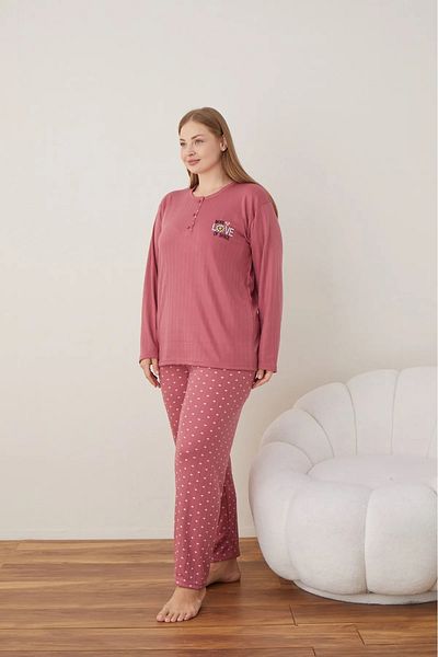 Meri Women's Burgundy Buttoned Zero Neck Plain Cotton Interlock Fabric Long Sleeve Women's Pajamas Set
