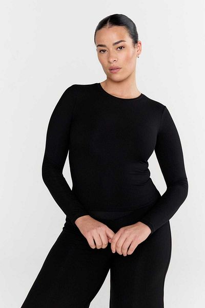 MADAM SHİLA Black Body Darkalıp Slimfit Cotton Crew Neck Big Size Blouse Long Sleeve Plus Size Blouse
