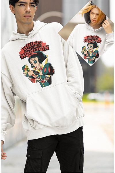 Fuddy Moda Hanorac cu glugă supradimensionat unisex cu imprimeu Bring Me The Horizon
