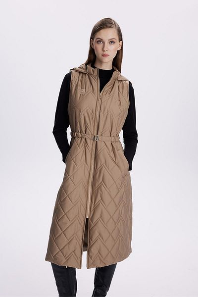 Zühre Long Quilted Mink Puffer Vest with Hood - Y-0060
