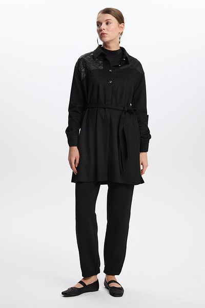 Zühre Black Tunic with Belt and Quilted Detail - T-1521