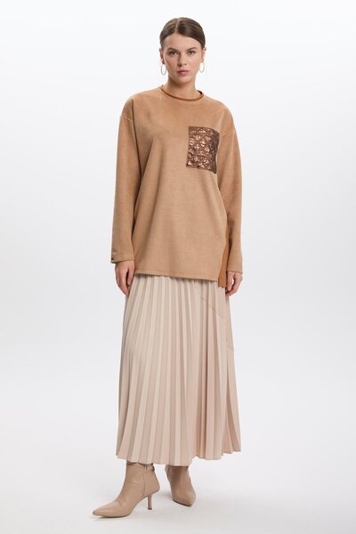 Zühre Beige Tunic - Quilted and Pocket Detail T-1511