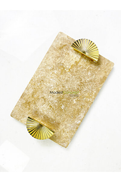 Modestmar Traverten Tepsi, Sunum Tepsisi Gold Yelpaze Kulp