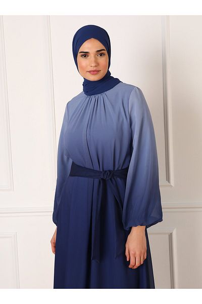 Refka Belted Gradient Patterned Chiffon Hijab Evening Dress - Navy Blue - Refka