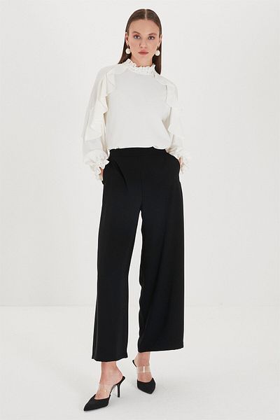 Zühre Wide Leg Black Fabric Trousers P-0013