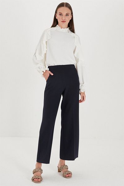 Zühre Ύφασμα παντελόνι με φαρδύ πόδι Navy Blue - Ελαστική μέση P-0102