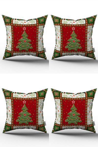 Cango Home Red Green New Year Themed Digital Printed Throw Pillow Cover Set (4Kmbs-Cgh804)