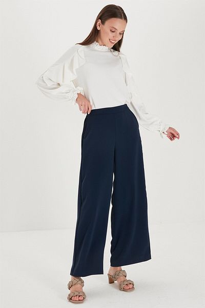 Zühre Wide Leg Navy Blue Fabric Trousers P-0013