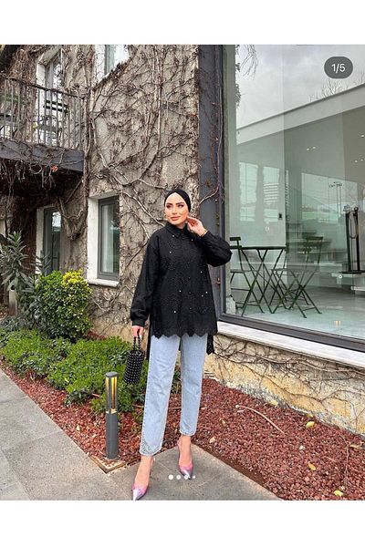 Marlinda Cămașă hijab festoon cu căptușeală din țesătură brode cu detalii de perle