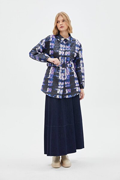 Zühre Baklava Desenli Kemer Detaylı Mor Ceket C-0105