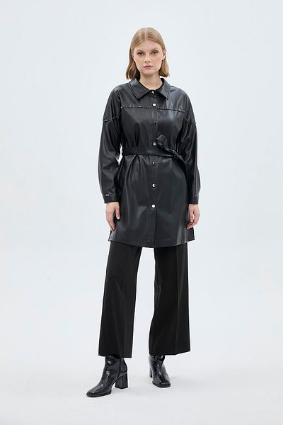 Zühre Black Leather Tunic - Shirt Collar with Button Closure T-1476