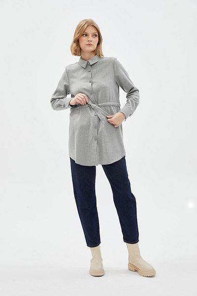 Zühre Gray Tunic - Waist Tie, Button T-1508