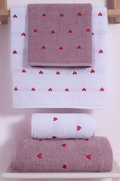 My Catherine Set de prosoape de baie din 4 piese cu inimă - Set de baie turcească cu model de inimă