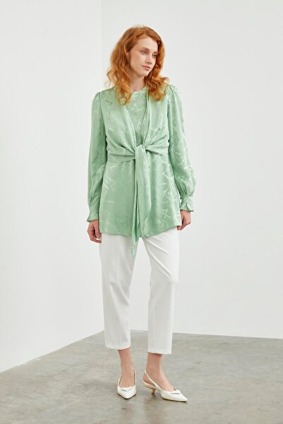 Zühre Desenli Uzun Kollu Mint Tunik T-1493