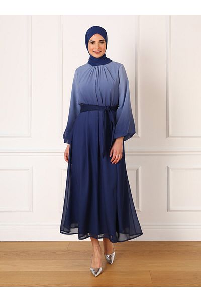 Refka Belted Gradient Patterned Chiffon Hijab Evening Dress - Navy Blue - Refka
