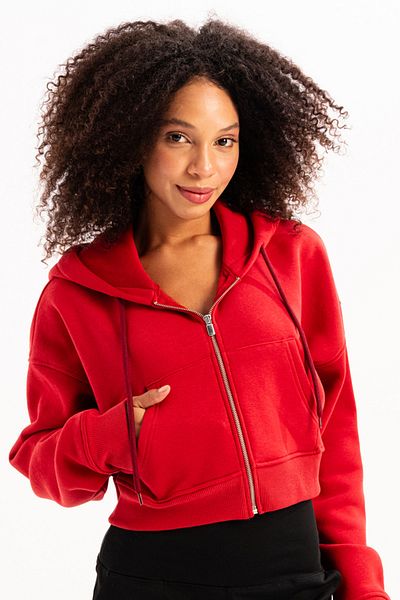 JUSTEVER Red Women's Sweatshirt - Raster Hoodie with Crop Hood, Zipper and Kangaroo Pocket - Lumen