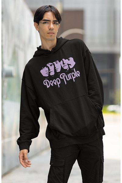 Fuddy Moda Unisex Deep Purple Printed Hooded Sweatshirt, Oversize Rock Band Printed Hoodie