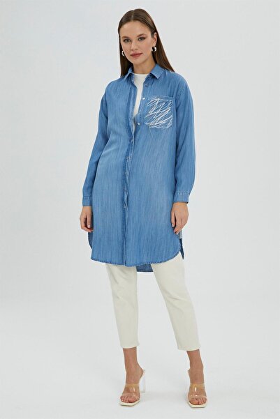 Zühre Gömlek Yaka Cep Detaylı Uzun Jean Tunik T-1363