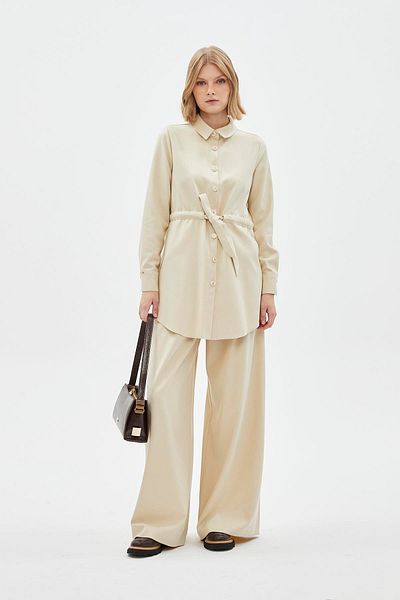 Zühre Buttoned Waist Tied Stone Tunic T-1508