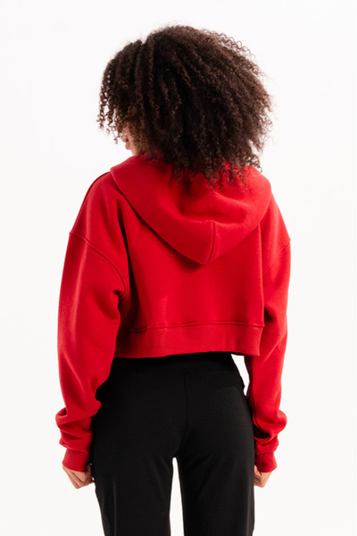 JUSTEVER Red Women's Sweatshirt - Raster Hoodie with Crop Hood, Zipper and Kangaroo Pocket - Lumen