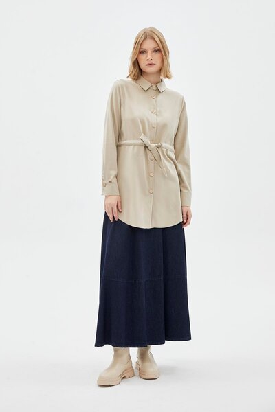 Zühre Beige Tunic - Button and Waist Tie T-1508