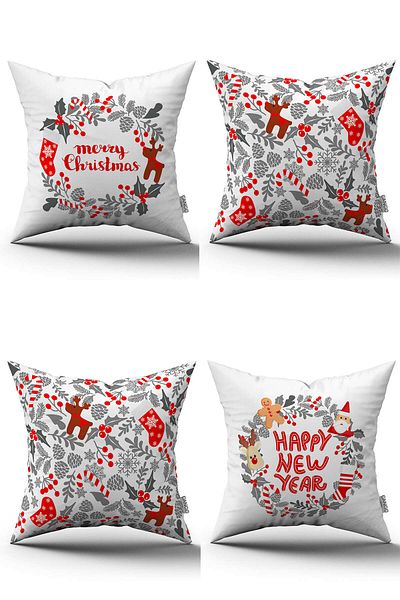 Cango Home Red Gray New Year Themed 4-Piece Throw Pillow Cover Set St-4Kmbs174