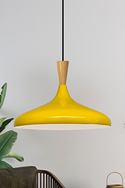 Bamyum Açık Sarı Ahşap Huni Tekli Avize Sarkıt Salon Mutfak Cafe Butik Lamba ...