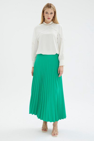 Zühre Pleated Green Long Skirt ETK-0135