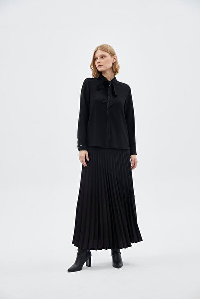 Zühre Bow Collar Long Sleeve Black Shirt G-0088