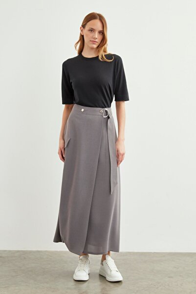 Zühre Cep Detaylı Uzun Melanj Gri Etek ETK-0142