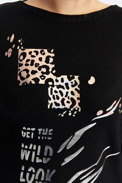 RMG Plus Size Boat Neck Leopard Pattern Printed Knitwear Black