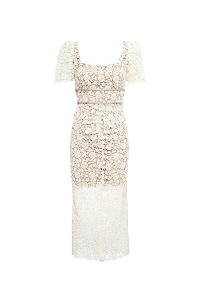 nish for you Beyaz Dantel Midi Tasarım Elbise