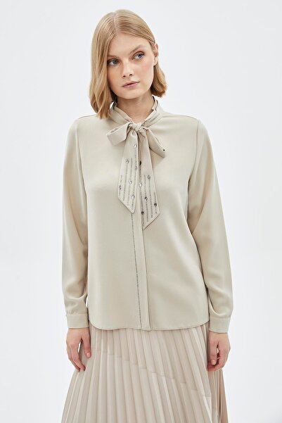 Zühre Bow Collar Long Sleeve Beige Shirt G-0088